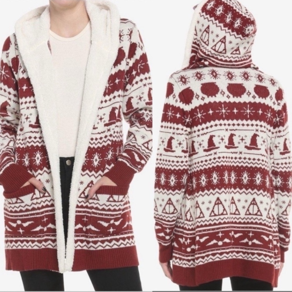 Her Universe Harry Potter Red White Hooded Fair Isle Open Front Cardigan XS New